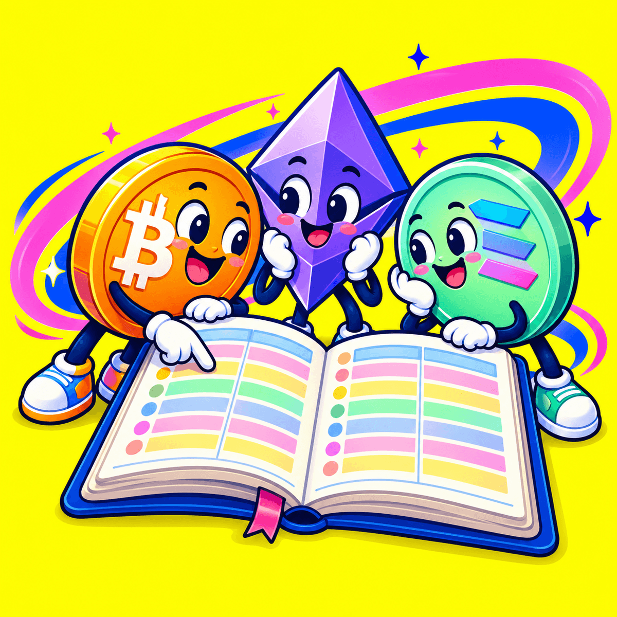 Smiling Bitcoin, Ethereum, and Solana characters gather around an open ledger in a bright rainbow world.