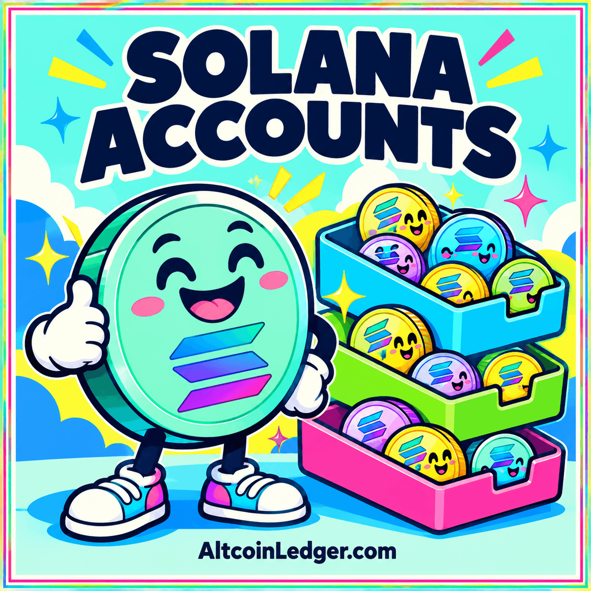 A Solana symbol above purple and teal account blocks connected by curved paths.
